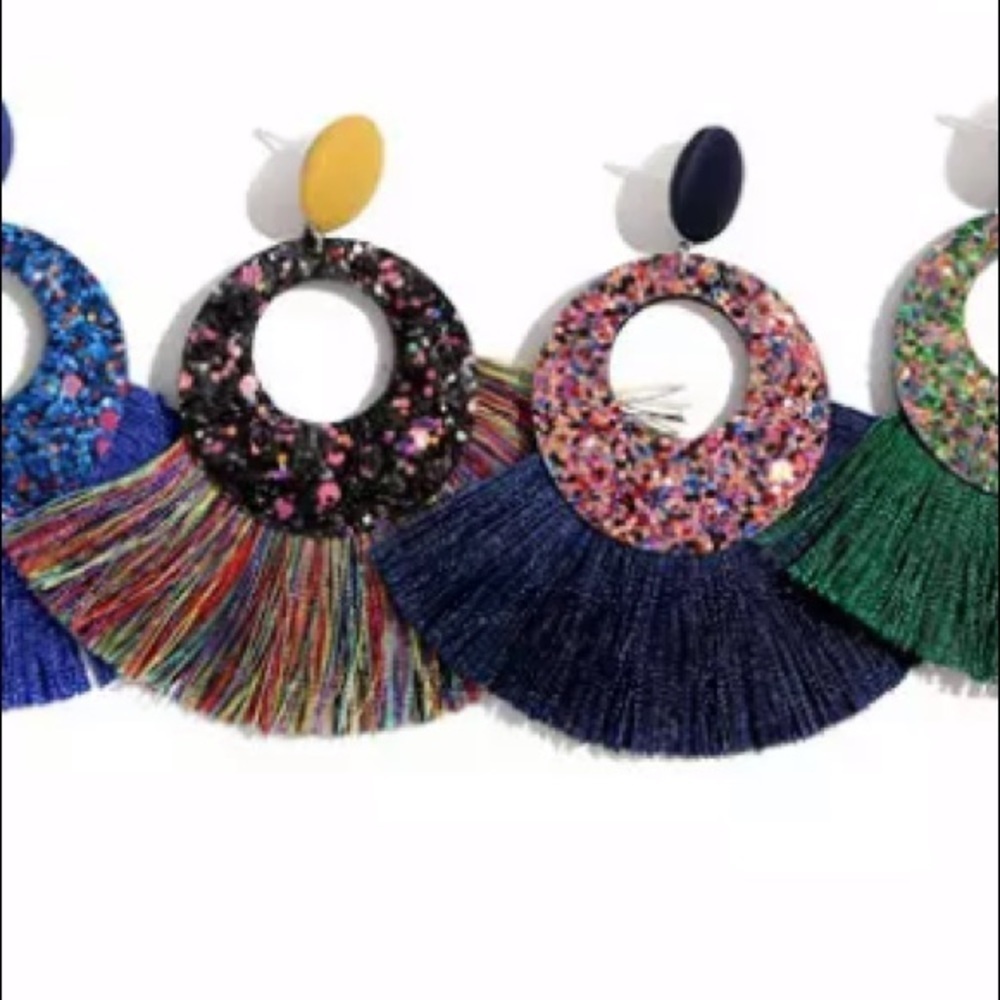 Multicolored Rainbow Boho Glitter Tassel Statement Earrings - Picture 3 of 7